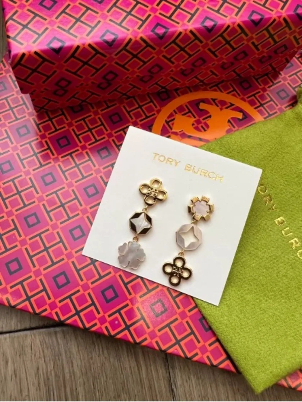 Tory Burch Pink and Gold Tiered Floral Drop Earrings